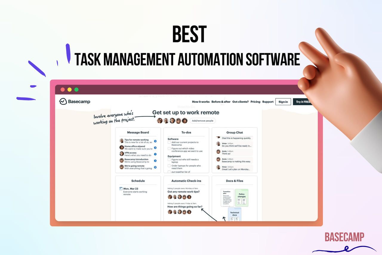 The screenshot of Basecamp's website which is a task management automation software.