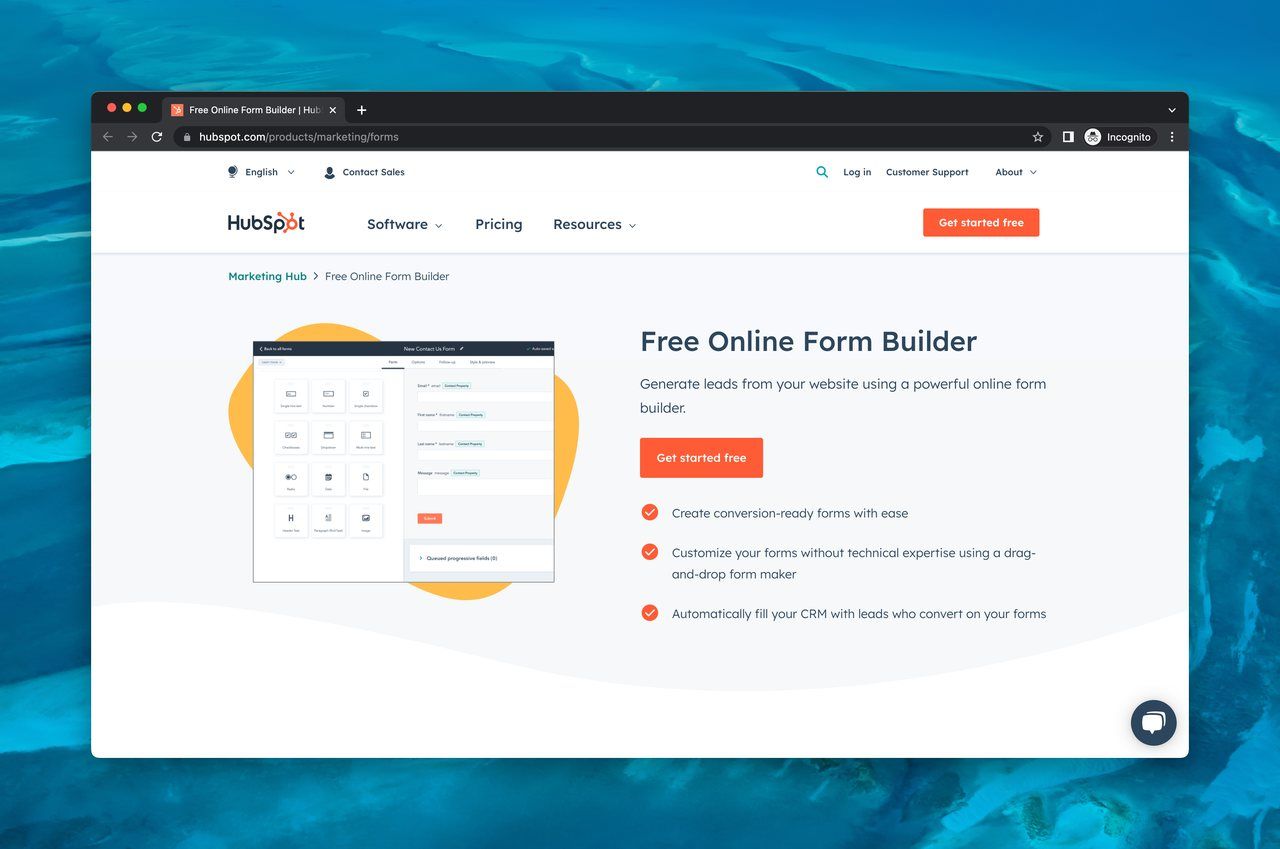 HubSpot free online form builder homepage