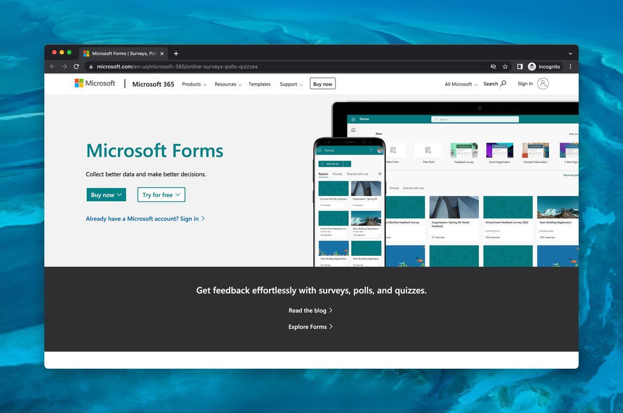 The landing page of Microsoft Forms