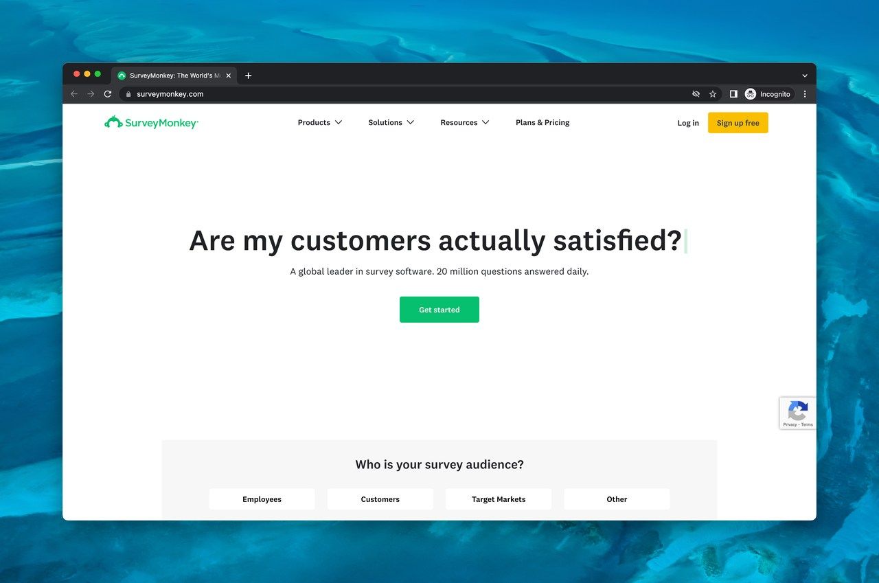 The homepage of SurveyMonkey, vthe form builder tool