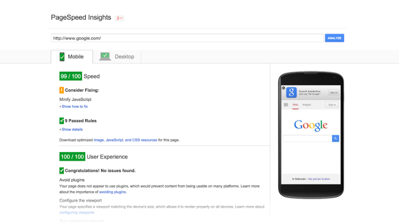 google's page speed analyzer google page insights