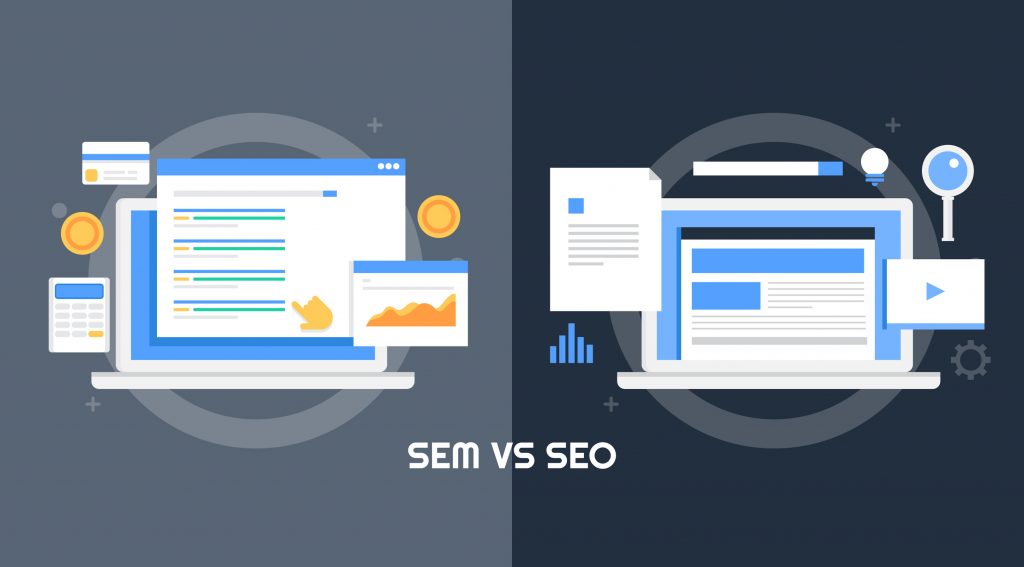 Comparison between SEM and SEO - Search engine marketing vs search engine optimization concept, What Is Difference Between Seo And Sem? How To Combine Both Strategies?