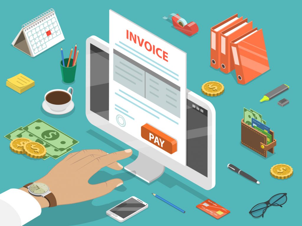 Invoice flat isometric vector concept of online payment, shopping, banking, accounting, tax
