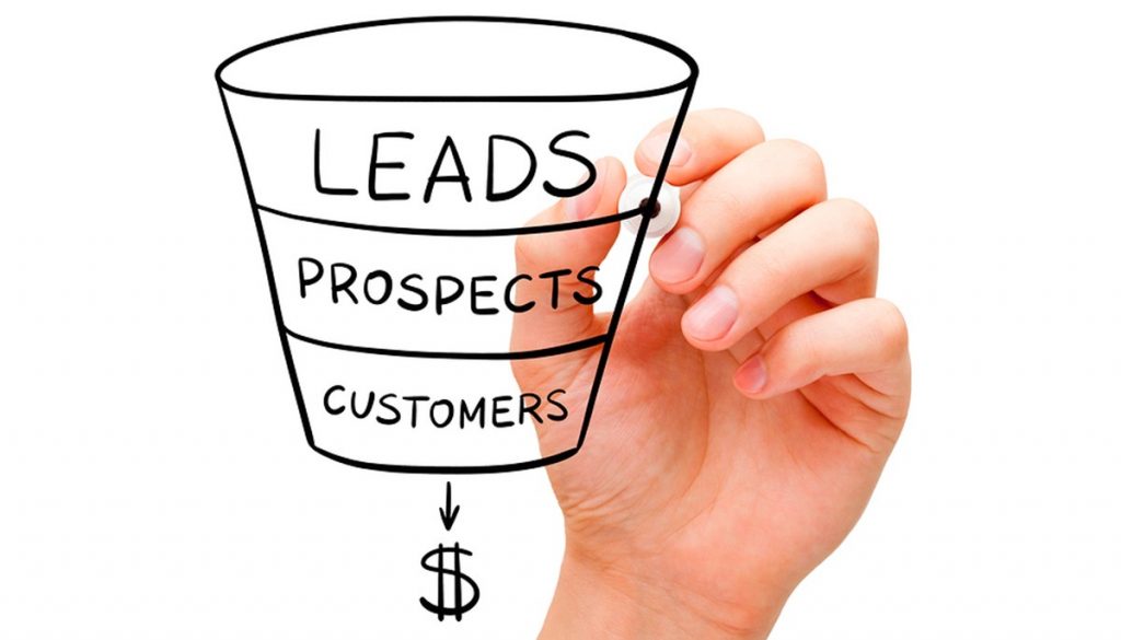 Leads, prospects, customers, white background, hand and pencil