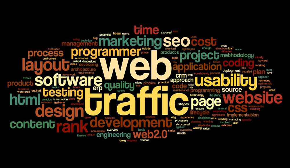 Web traffic concept in word tag cloud on black
